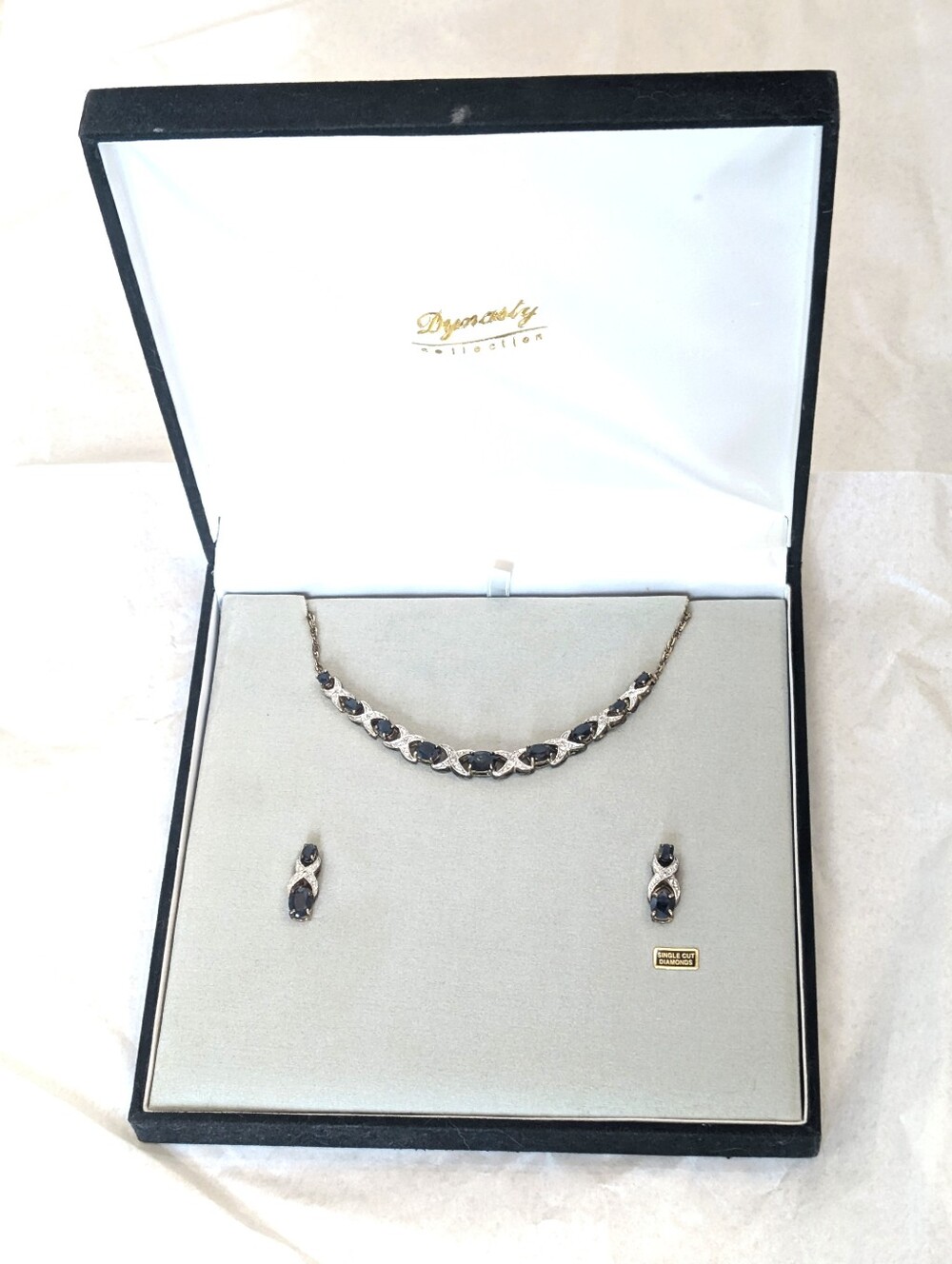 Vintage Far East Dynasty Sapphire and Diamond Necklace & Earrings in Box